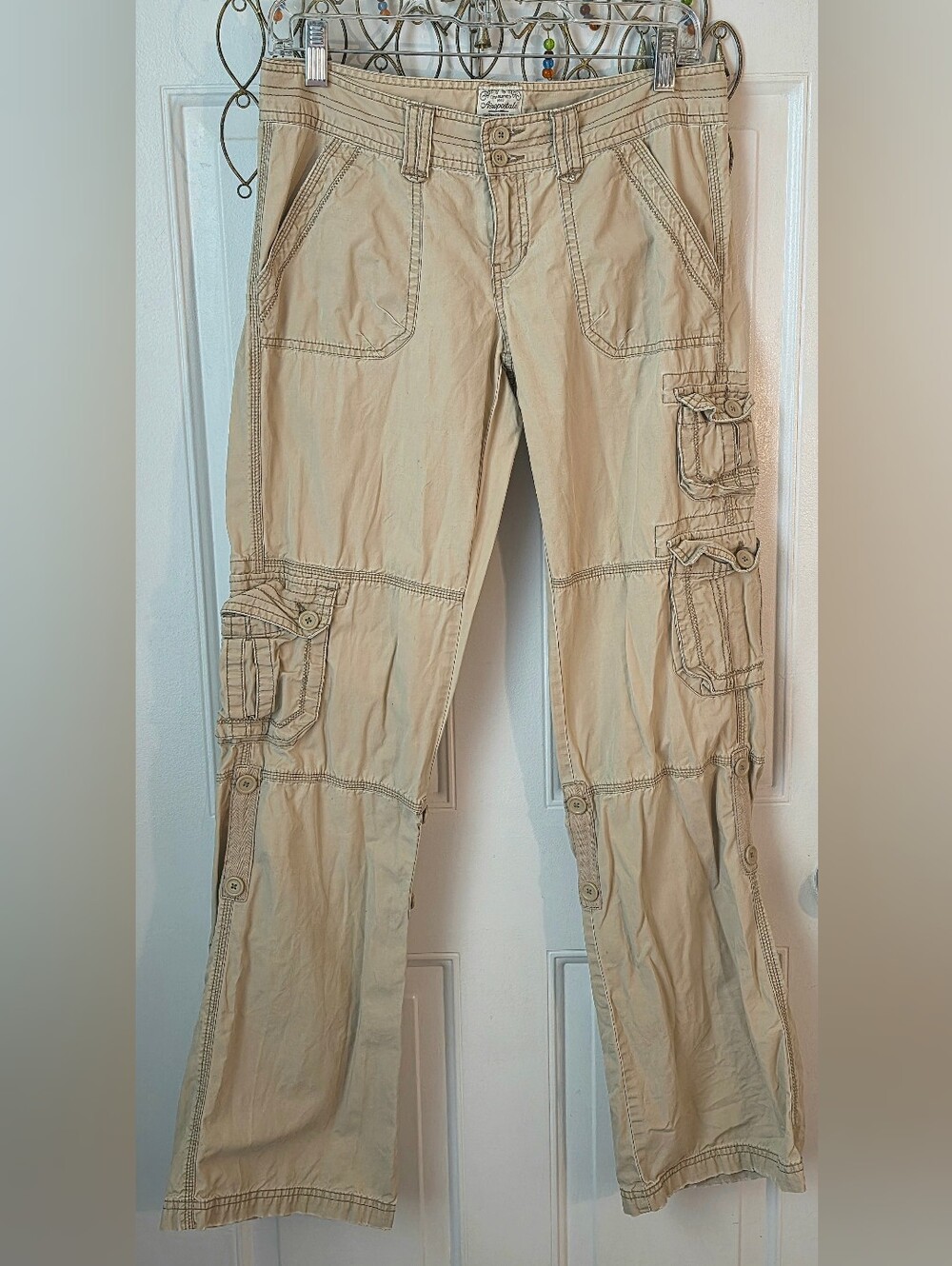 Y2K Vintg Aeropostale Roll-Tab Utility Cargo Pants Womens 5/6L Beige Low Rise Go
